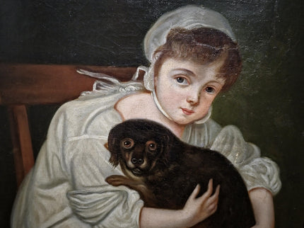 Antique 18th Century German Portrait Painting, Child with Dog Oil on Canvas, Dark Academia Wall Art, European Collectible Fine Art