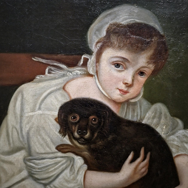 Antique 18th Century German Portrait Painting, Child with Dog Oil on Canvas, Dark Academia Wall Art, European Collectible Fine Art