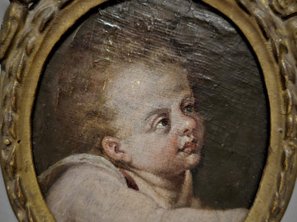 Antique Cherub Painting, 18th Century Baroque Putto, German Religious Oil, Gilt Framed Angel Art, Dark Academia Wall Decor Collectible