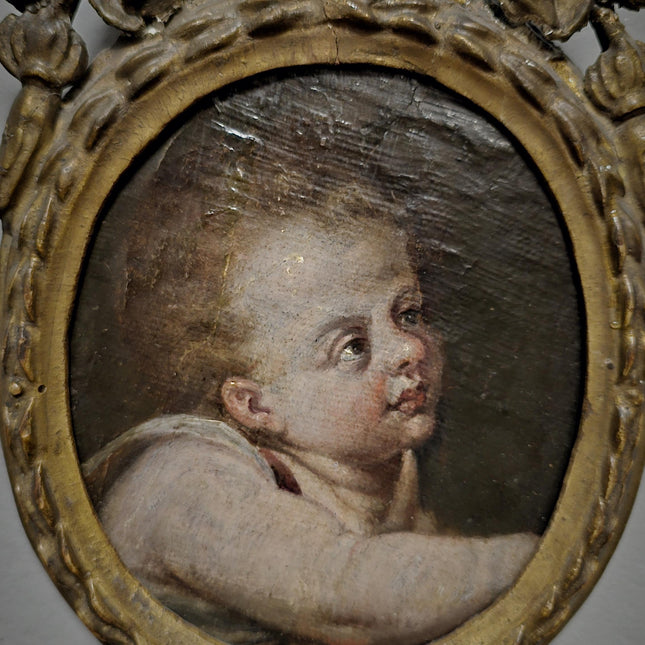 Antique Cherub Painting, 18th Century Baroque Putto, German Religious Oil, Gilt Framed Angel Art, Dark Academia Wall Decor Collectible