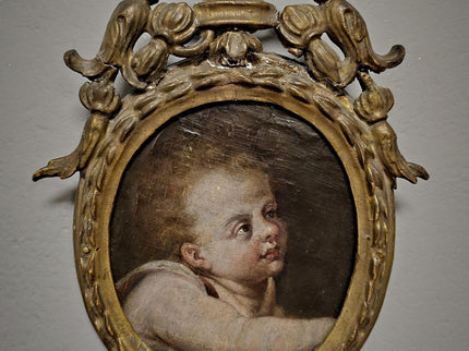 Antique Cherub Painting, 18th Century Baroque Putto, German Religious Oil, Gilt Framed Angel Art, Dark Academia Wall Decor Collectible