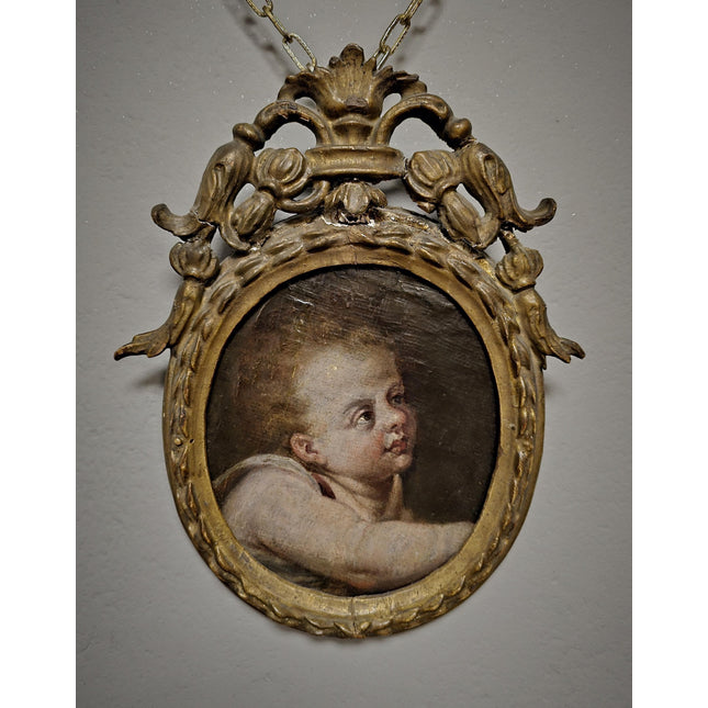 Antique Cherub Painting, 18th Century Baroque Putto, German Religious Oil, Gilt Framed Angel Art, Dark Academia Wall Decor Collectible