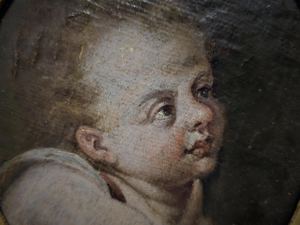 Antique Cherub Painting, 18th Century Baroque Putto, German Religious Oil, Gilt Framed Angel Art, Dark Academia Wall Decor Collectible