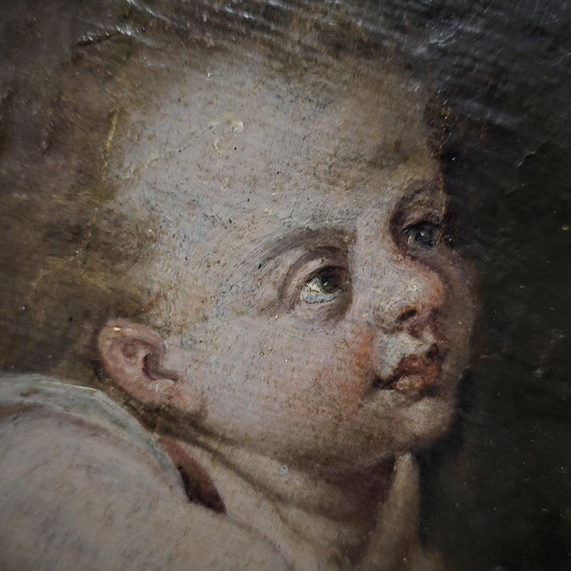 Antique Cherub Painting, 18th Century Baroque Putto, German Religious Oil, Gilt Framed Angel Art, Dark Academia Wall Decor Collectible