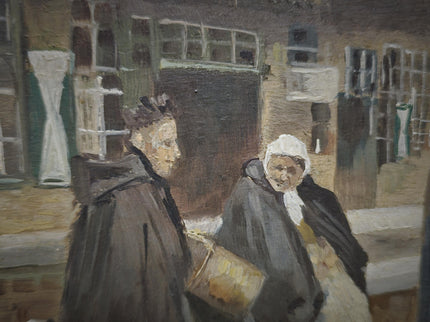Antique Flemish Street Scene Oil Painting, Beguinage Religious Figures, Signed Belgian Genre Scene, 19th Century European Fine Art