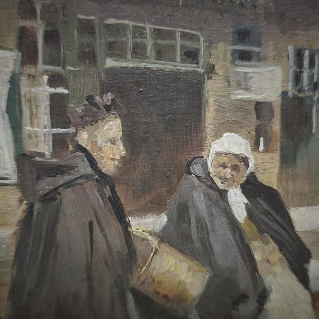 Antique Flemish Street Scene Oil Painting, Beguinage Religious Figures, Signed Belgian Genre Scene, 19th Century European Fine Art
