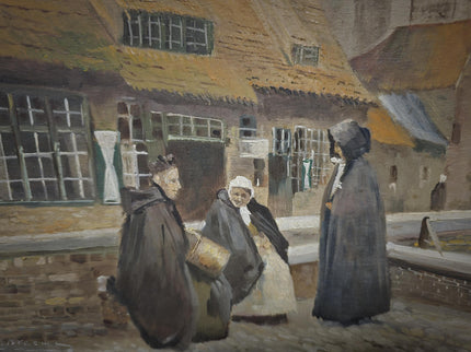 Antique Flemish Street Scene Oil Painting, Beguinage Religious Figures, Signed Belgian Genre Scene, 19th Century European Fine Art