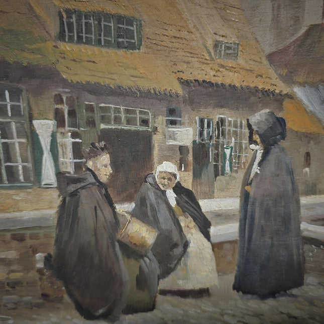 Antique Flemish Street Scene Oil Painting, Beguinage Religious Figures, Signed Belgian Genre Scene, 19th Century European Fine Art