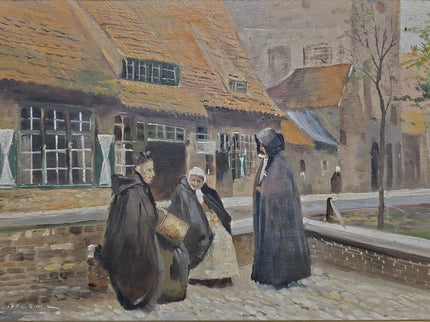 Antique Flemish Street Scene Oil Painting, Beguinage Religious Figures, Signed Belgian Genre Scene, 19th Century European Fine Art