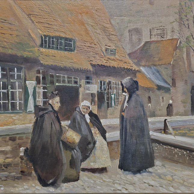 Antique Flemish Street Scene Oil Painting, Beguinage Religious Figures, Signed Belgian Genre Scene, 19th Century European Fine Art