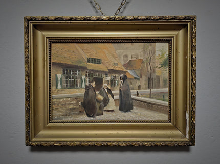 Antique Flemish Street Scene Oil Painting, Beguinage Religious Figures, Signed Belgian Genre Scene, 19th Century European Fine Art