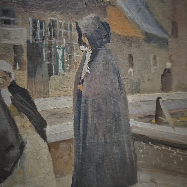 Antique Flemish Street Scene Oil Painting, Beguinage Religious Figures, Signed Belgian Genre Scene, 19th Century European Fine Art