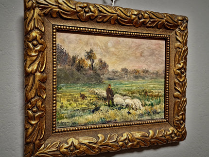 Antique French Oil Painting Pastoral Landscape with Sheep in Barbizon Style, Signed Artwork, Rustic Wall Art for Farmhouse Decor