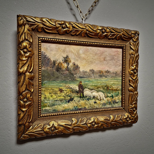 Antique French Oil Painting Pastoral Landscape with Sheep in Barbizon Style, Signed Artwork, Rustic Wall Art for Farmhouse Decor