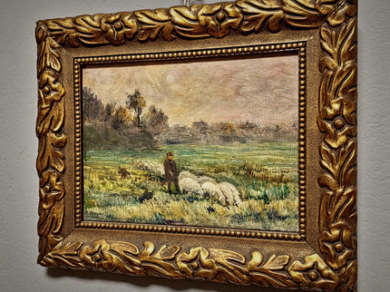 Antique French Oil Painting Pastoral Landscape with Sheep in Barbizon Style, Signed Artwork, Rustic Wall Art for Farmhouse Decor