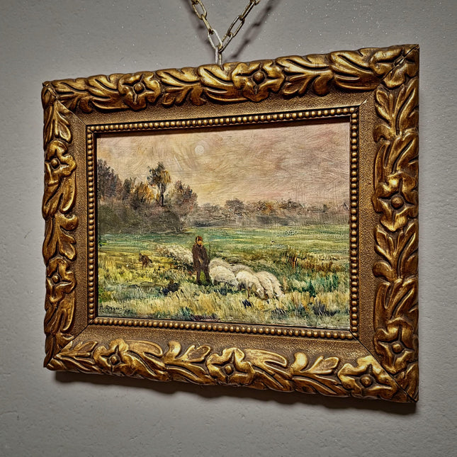Antique French Oil Painting Pastoral Landscape with Sheep in Barbizon Style, Signed Artwork, Rustic Wall Art for Farmhouse Decor