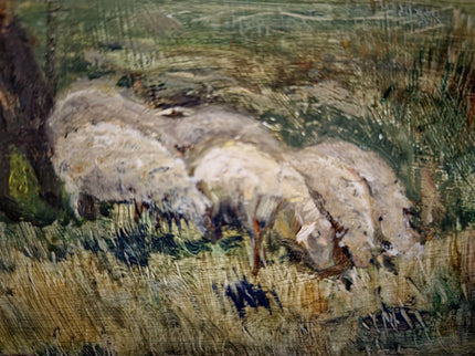 Antique French Oil Painting Pastoral Landscape with Sheep in Barbizon Style, Signed Artwork, Rustic Wall Art for Farmhouse Decor