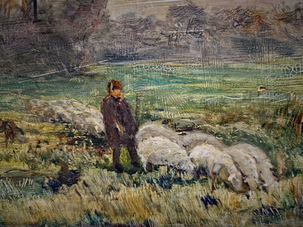 Antique French Oil Painting Pastoral Landscape with Sheep in Barbizon Style, Signed Artwork, Rustic Wall Art for Farmhouse Decor