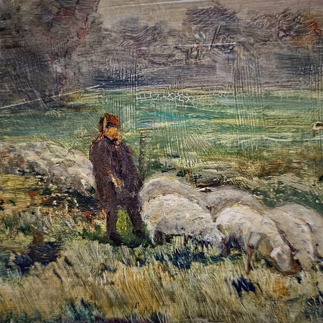Antique French Oil Painting Pastoral Landscape with Sheep in Barbizon Style, Signed Artwork, Rustic Wall Art for Farmhouse Decor