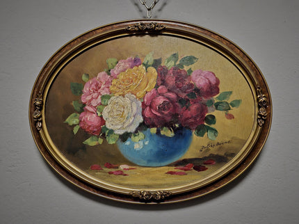 Antique French Floral Still Life Oil Painting, Signed Rose Bouquet Artwork, Oval Gold Framed Wall Decor, Original European Fine Art