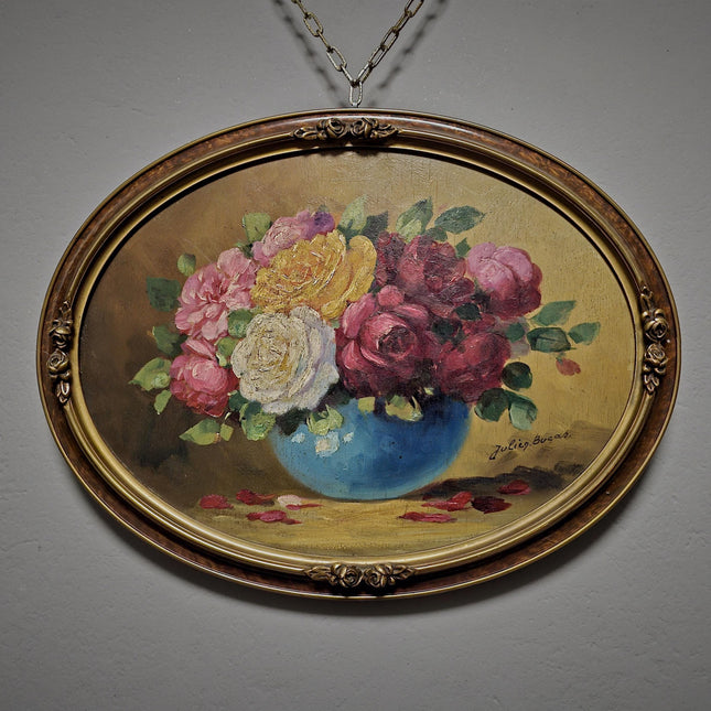 Antique French Floral Still Life Oil Painting, Signed Rose Bouquet Artwork, Oval Gold Framed Wall Decor, Original European Fine Art