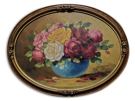Antique French Floral Still Life Oil Painting, Signed Rose Bouquet Artwork, Oval Gold Framed Wall Decor, Original European Fine Art