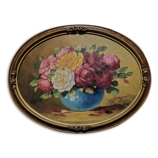 Antique French Floral Still Life Oil Painting, Signed Rose Bouquet Artwork, Oval Gold Framed Wall Decor, Original European Fine Art