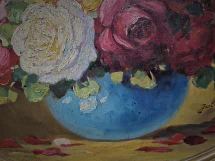 Antique French Floral Still Life Oil Painting, Signed Rose Bouquet Artwork, Oval Gold Framed Wall Decor, Original European Fine Art