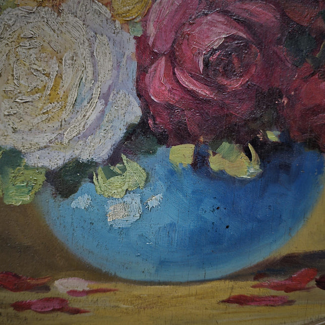 Antique French Floral Still Life Oil Painting, Signed Rose Bouquet Artwork, Oval Gold Framed Wall Decor, Original European Fine Art