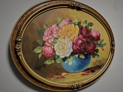 Antique French Floral Still Life Oil Painting, Signed Rose Bouquet Artwork, Oval Gold Framed Wall Decor, Original European Fine Art