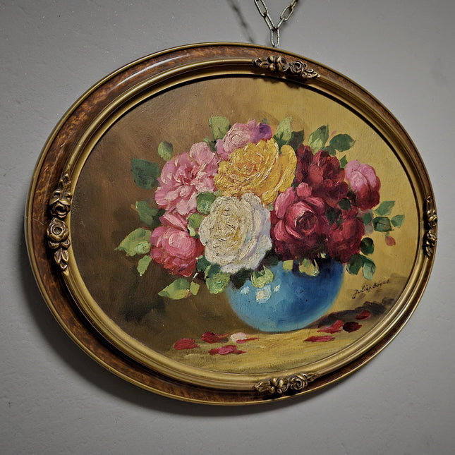 Antique French Floral Still Life Oil Painting, Signed Rose Bouquet Artwork, Oval Gold Framed Wall Decor, Original European Fine Art