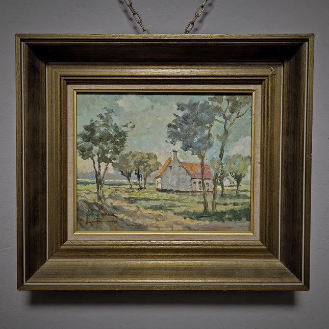 Vintage Dutch Landscape Oil Painting, Signed Framed Wall Decor, Mid Century Modern, Farmhouse Style, European Original Interior Artwork