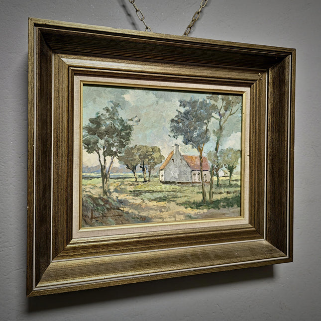 Vintage Dutch Landscape Oil Painting, Signed Framed Wall Decor, Mid Century Modern, Farmhouse Style, European Original Interior Artwork