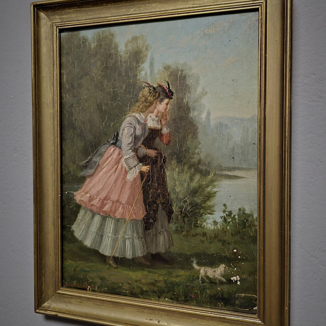 Antique French Oil Painting, 19th Century Signed Genre Scene, Elegant Ladies With Dog, Original Gold Framed Artwork, Vintage Wall Decor