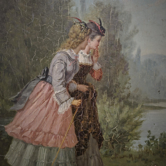 Antique French Oil Painting, 19th Century Signed Genre Scene, Elegant Ladies With Dog, Original Gold Framed Artwork, Vintage Wall Decor