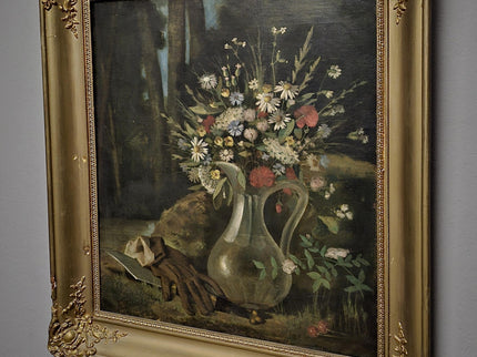 Antique French Oil Painting, 19th Century Moody Vanitas Still Life, Floral Bouquet, Gold Framed Original Artwork, Dark Academia Wall Decor