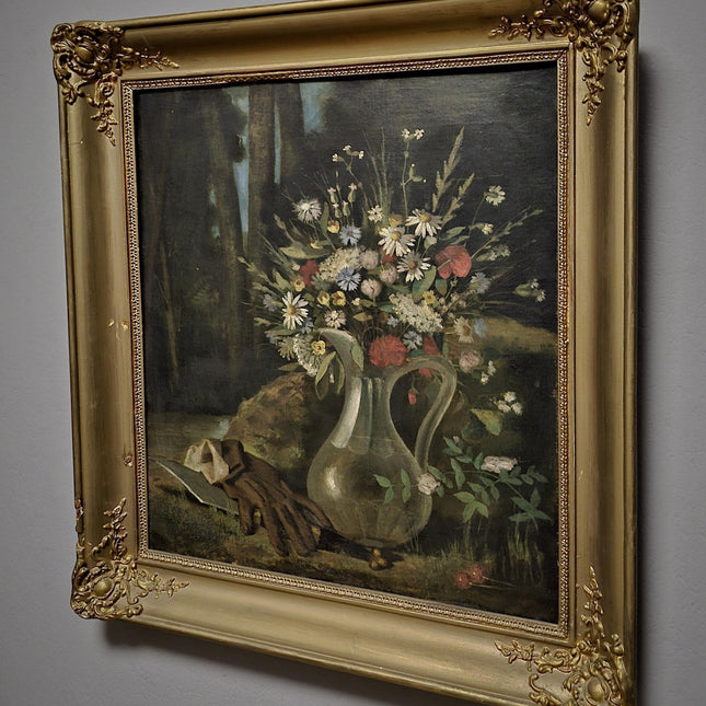 Antique French Oil Painting, 19th Century Moody Vanitas Still Life, Floral Bouquet, Gold Framed Original Artwork, Dark Academia Wall Decor