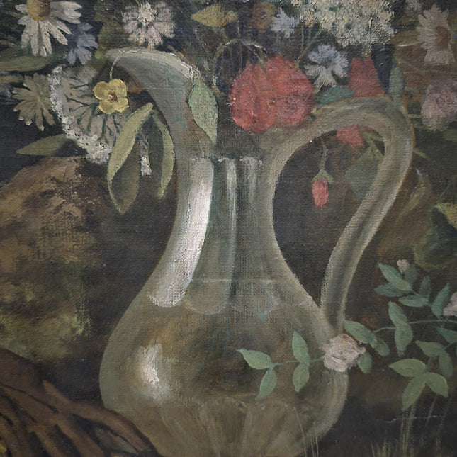 Antique French Oil Painting, 19th Century Moody Vanitas Still Life, Floral Bouquet, Gold Framed Original Artwork, Dark Academia Wall Decor