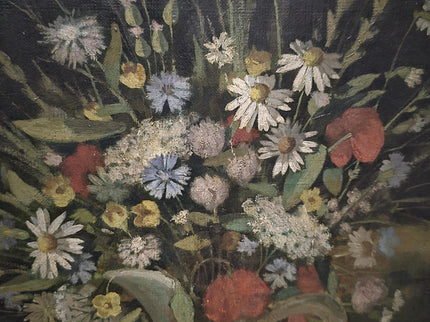 Antique French Oil Painting, 19th Century Moody Vanitas Still Life, Floral Bouquet, Gold Framed Original Artwork, Dark Academia Wall Decor