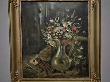 Antique French Oil Painting, 19th Century Moody Vanitas Still Life, Floral Bouquet, Gold Framed Original Artwork, Dark Academia Wall Decor