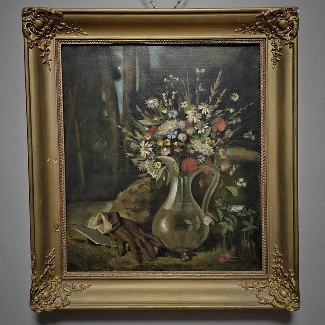 Antique French Oil Painting, 19th Century Moody Vanitas Still Life, Floral Bouquet, Gold Framed Original Artwork, Dark Academia Wall Decor