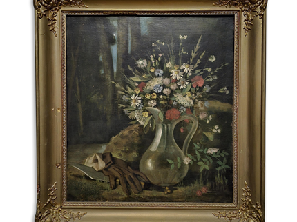 Antique French Oil Painting, 19th Century Moody Vanitas Still Life, Floral Bouquet, Gold Framed Original Artwork, Dark Academia Wall Decor
