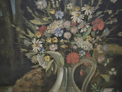 Antique French Oil Painting, 19th Century Moody Vanitas Still Life, Floral Bouquet, Gold Framed Original Artwork, Dark Academia Wall Decor