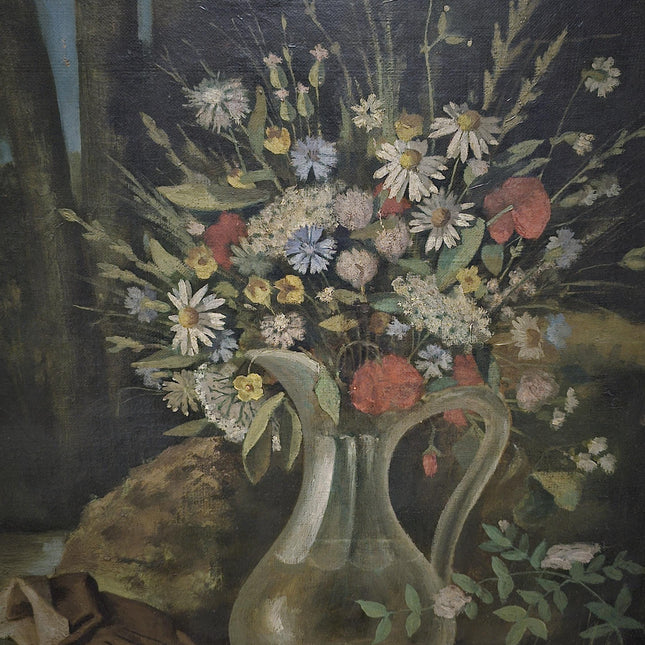 Antique French Oil Painting, 19th Century Moody Vanitas Still Life, Floral Bouquet, Gold Framed Original Artwork, Dark Academia Wall Decor