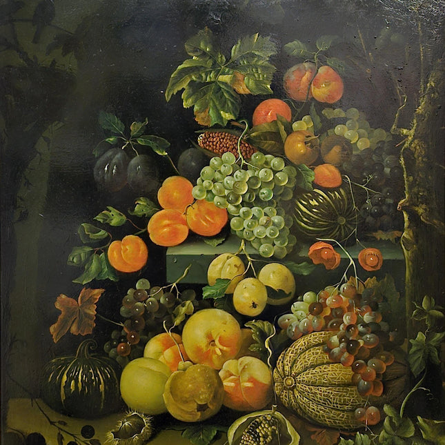 Large Antique Fruit Still Life Oil Painting, Flemish Pronk Composition, Dutch Golden Age Style Artwork, Dark Academia Wall Decor, Baroque