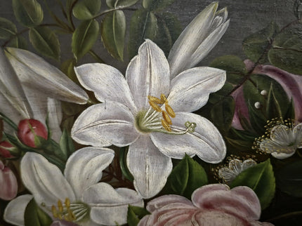 Antique Danish Floral Still Life Oil Painting, Peonies and Lilies on Dark Background, Gold Framed Wall Decor, Original European Fine Art