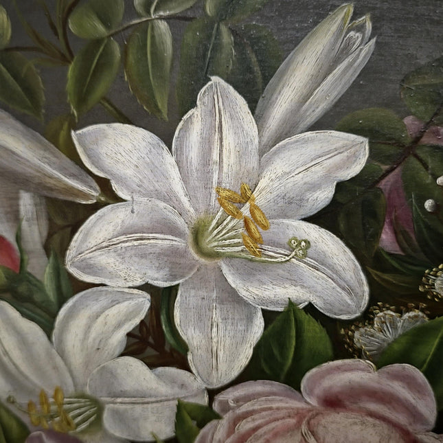 Antique Danish Floral Still Life Oil Painting, Peonies and Lilies on Dark Background, Gold Framed Wall Decor, Original European Fine Art
