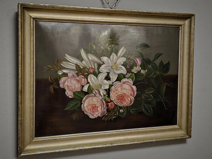 Antique Danish Floral Still Life Oil Painting, Peonies and Lilies on Dark Background, Gold Framed Wall Decor, Original European Fine Art