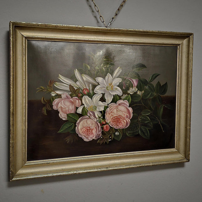 Antique Danish Floral Still Life Oil Painting, Peonies and Lilies on Dark Background, Gold Framed Wall Decor, Original European Fine Art