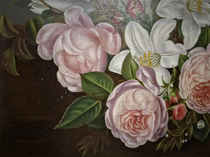 Antique Danish Floral Still Life Oil Painting, Peonies and Lilies on Dark Background, Gold Framed Wall Decor, Original European Fine Art